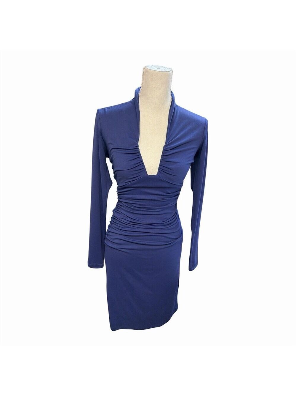 Susana Monaco NWOT Dress Womens S Inkwell Blue Ruched Deep V-Neck Bodycon Knee